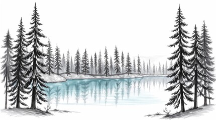 Obraz premium Hand-Drawn Sketch of a Crystal-Clear Lake Surrounded by Tall Firs, Whimsical Art Style
