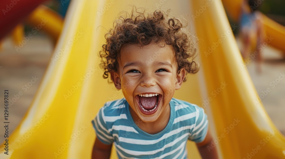 Poster children playing playground interaction concopt. a cheerful child with curly hair enjoys sliding dow