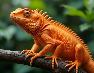 Fototapeta premium Orange Iguana Resting on Branch with Detailed Scales and Greenery