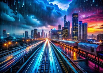 Fototapeta premium Night Cityscape: Speeding Train & Cloud Computing Data Stream