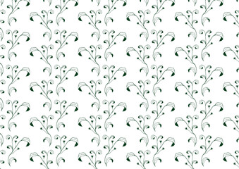 Seamless botanical pattern with Hand-Drawn Green Leaves and Thin Elegant Branches. Minimal floral ornament for textile, wallpaper, wrapping. Flat delicate vector illustration.