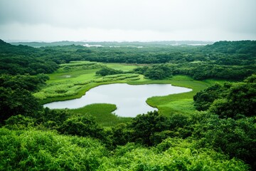 Fototapeta premium Lush greenery surrounds tranquil lake, creating serene natural l