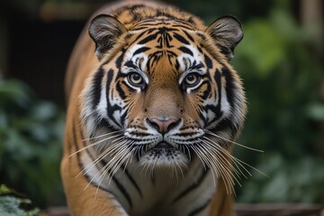 Majestic tiger gazes intensely, showcasing striking fur patterns