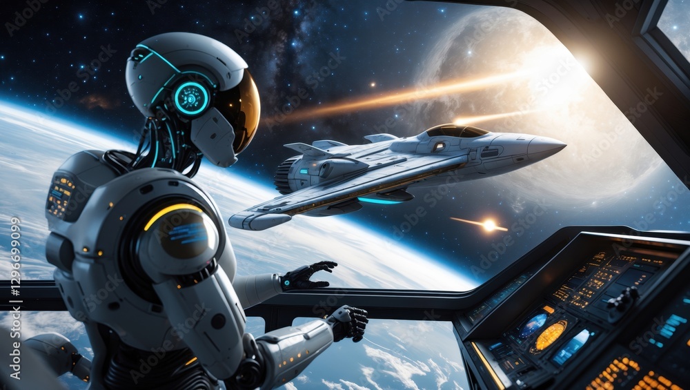 Poster futuristic robot pilot navigating a spacecraft through outer space with distant planets and stars