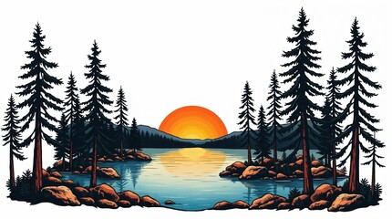 Symbolic Ornamental Drawing of a Crystal-Clear Lake and Tall Firs on a Bright Background