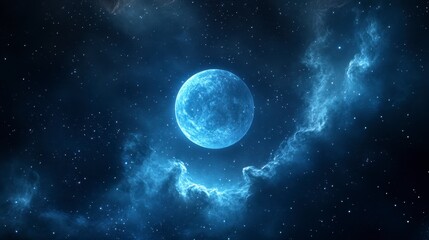 Obraz premium Captivating Blue Moon Surrounded by Ethereal Cosmic Clouds