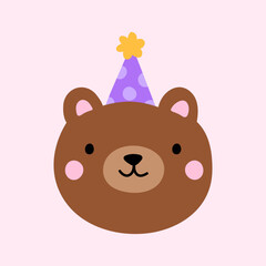 Cute bear in a festive hat isolated on a pink background. Vector hand-drawn illustration in flat style. Perfect for decorations, holiday designs, cards, logo. 