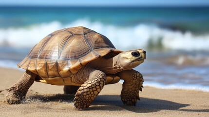 Tortoise on sandy beach with ocean waves in background