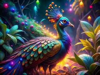 Fototapeta premium Night Jungle Peacock: Vibrant Neon Feathers Close-Up Drone Shot