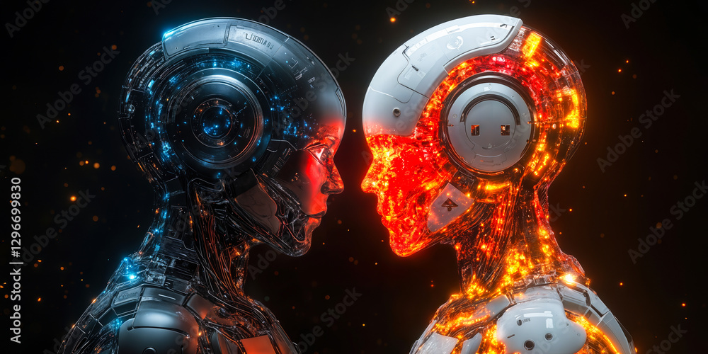 Poster futuristic cybernetic robots face to face with illuminated circuitry and advanced technology design