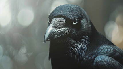 A close up of a majestic crow with glossy black feathers, intricate details, and a blurred golden-hued background