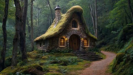 Secret woodland cottage hidden among towering trees, moss-covered roof, and a mystical fairytale atmosphere