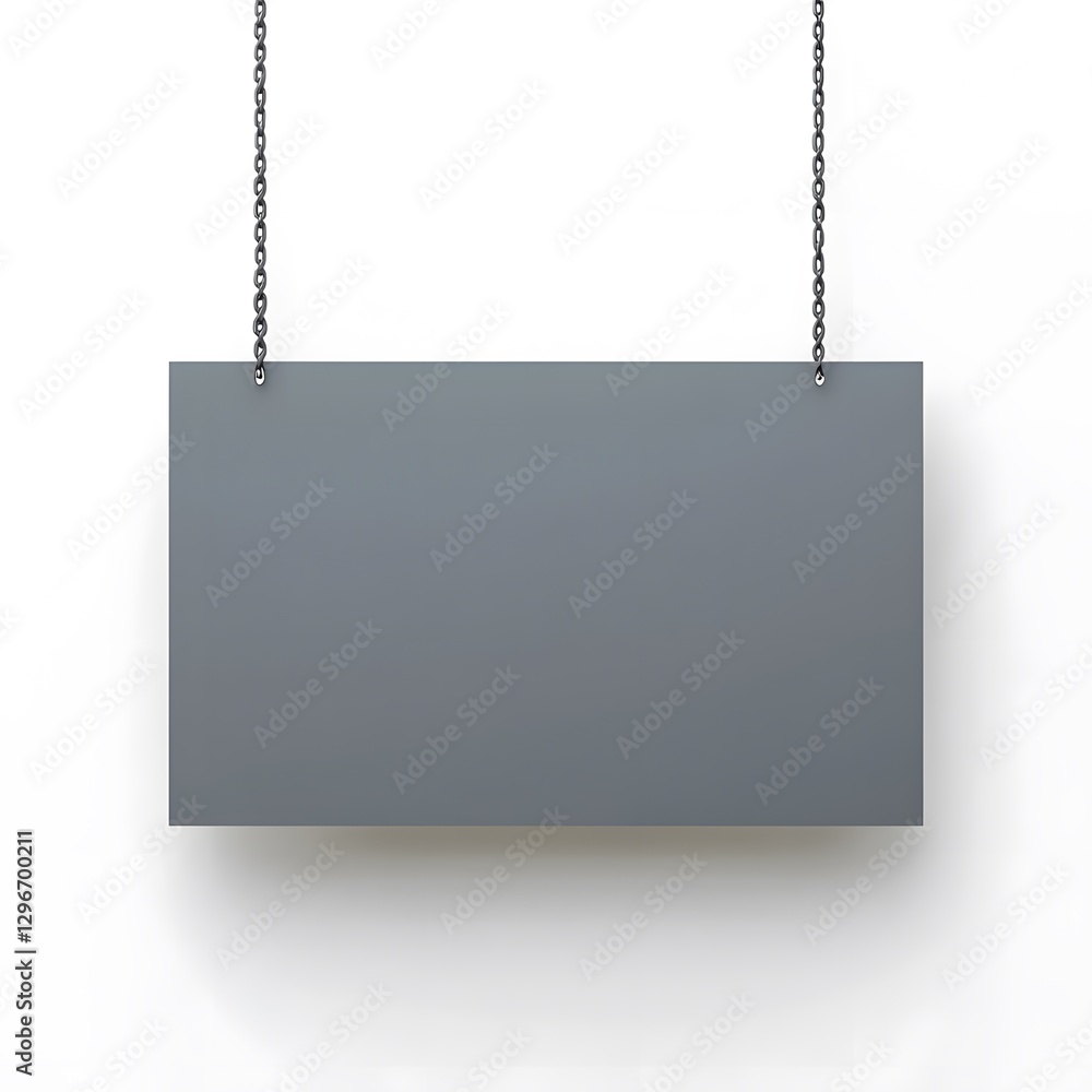 Poster a gray rectangular sign is suspended from chains above a shadow