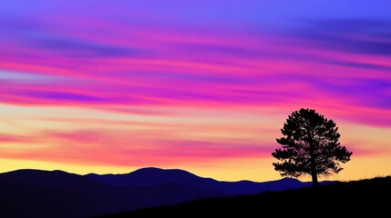 Obraz premium Lone pine tree silhouetted against a vibrant aurora borealis in a serene landscape, showcasing the natural beauty and tranquility of the northern lights in a breathtaking night sky.