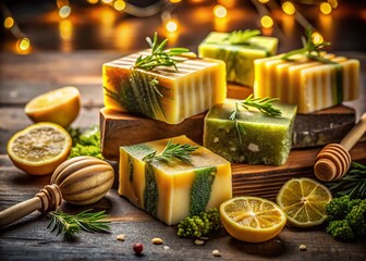 Night Photography: Colorful Artisan Soap, Lemons, Honey, Herbs - Fresh & Inviting