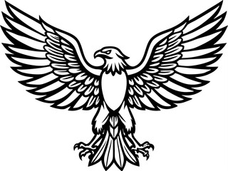 Black and White Heraldic Eagle Illustration – Stylized Spread Wings, Fierce Expression, Iconic Symbol