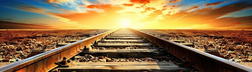 A serene railway track stretches toward a vibrant sunset, illuminating the horizon with warm hues of orange and yellow, symbolizing journey and hope.