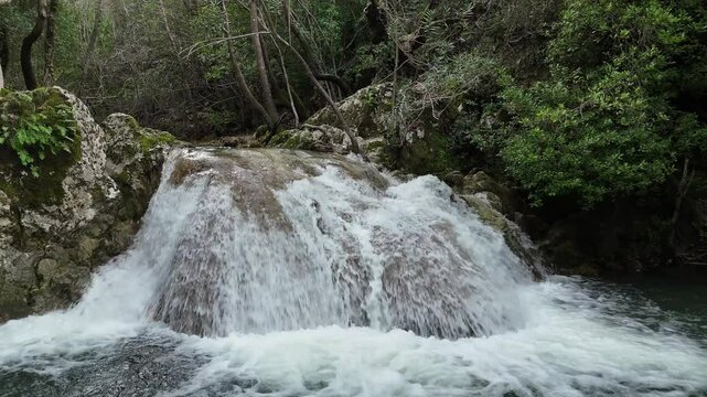 Drone flight over Stathula Polylimnio Waterfall, Peloponnese, Greece