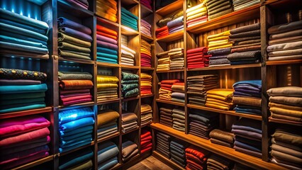 Night Photography: Fabrics on Shelves, Soft Lighting, Dark Background, Textile Textures