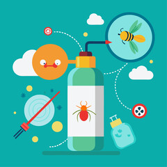 Cartoon Insect Spray Bottle with Yellow Insects – Minimalist Vector Illustration with Environmental Concept