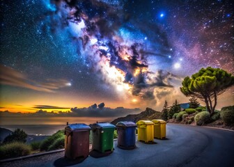 Night Photography: La Palma Canary Islands - March 15, 2024 - Garbage Bins Under Starry Sky
