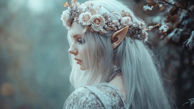 A fantasy elf queen with long silver hair, wearing an elegant floral crown,