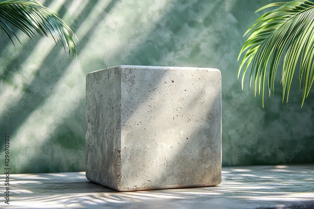 Poster minimalist concrete block with nature-inspired background and leafy shadows