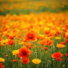 Obraz premium A carpet of colorful poppies in a meadow field, Field, Orange, Yellow