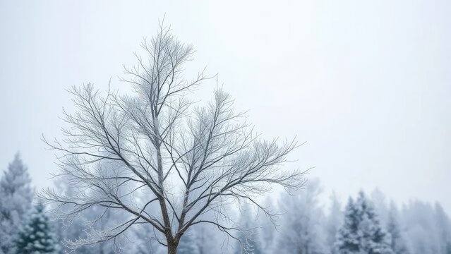A delicate bare fir tree stood under an icy grey frosty sky, tree, delicate, palpable