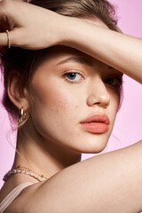 Captivating spring fashion showcased by a beautiful young woman with stunning blue eyes