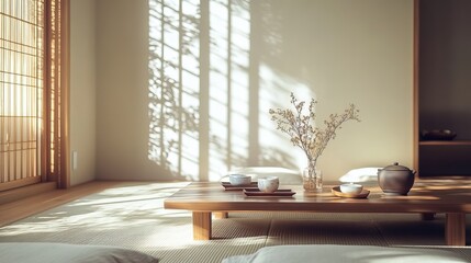 Serene Japanese-inspired minimalist room with Shoji screens, natural light, tatami floor, wooden table, ceramic tea sets, and ikebana, creating mindfulness and tranquility.