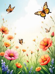 watercolor flowers and butterflies - sunny whimsical meadow