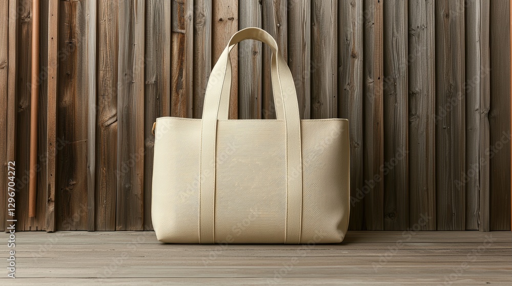 Poster elegant white bag resting on a rustic wooden floor creating a beautiful contrast in the setting