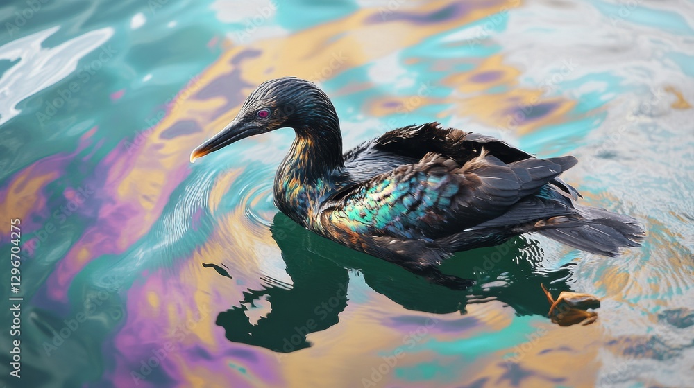 Poster oil spill creates rainbow sheen on ocean surface while seabird struggles to survive in polluted wate