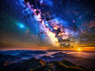 Naklejka premium Night Sky Drone Shot: Dusty, Scratched Film Grain Effect