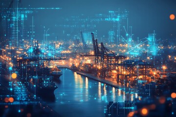 Night View of a Busy Digital Port with Container Ships and Cranes