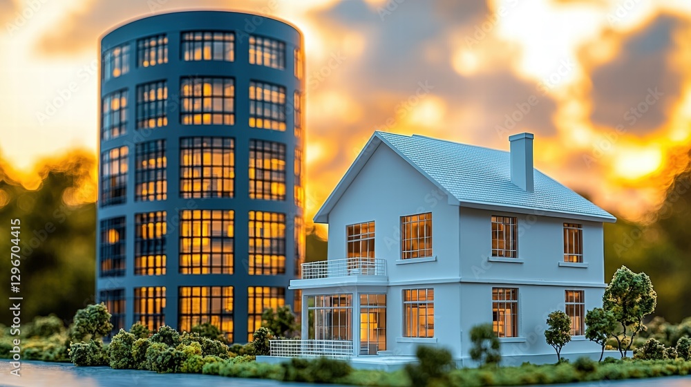 Poster model house situated in front of a modern building showcasing architectural design and scale