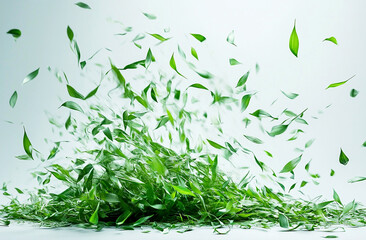Obraz premium A pile of green grass blades floating in the air on a white background