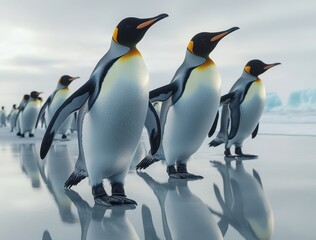 Obraz premium A Group of Stylish Penguins Walking Along the Icy Shoreline with Reflections, Showcasing Their Unique Features and Captivating Colors in a Serene Atmosphere