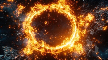 Fiery Portal Ring Sparking Intense Energy and Light in Dark Space