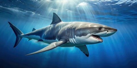 Obraz premium A large great white shark swims in the ocean with its fins slicing through the water on a transparent blue background, showing its sharp teeth and powerful tail, shark, aquatic animal