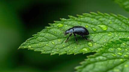 Naklejka premium Close-up of a shiny black beetle perched on a green leaf covered with water droplets, showcasing its intricate details in nature