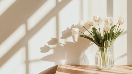 White tulips in glass vase with soft shadows on sunlit surface