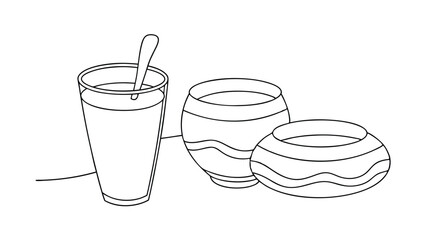 Line art drawing of drink and striped bowls