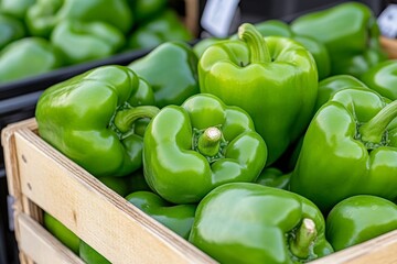 A basket filled with vibrant green bell peppers at a farmerâ€™s market