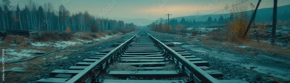 Poster a desolate railway track stretches into a foggy distance, surrounded by sparse trees and a muted sky