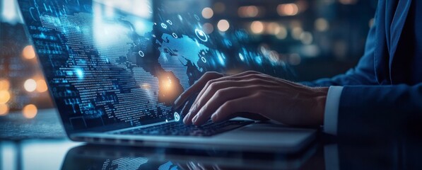 Businessman using laptop with digital map and data visualization