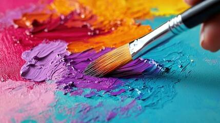 Obraz premium Vivid Color Mixing with Paintbrush on Canvas, Artistic Palette with Bright Paints, Creative Process in Visual Art, Close-Up Shot of Artistry
