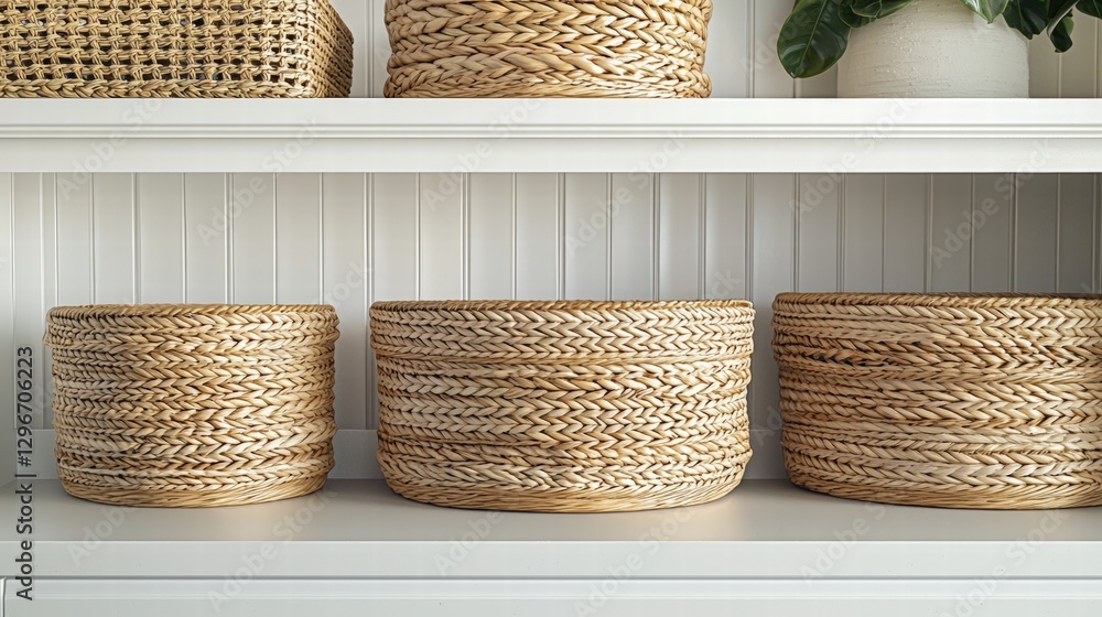 Poster stylishly organized baskets on a shelf creating a functional and decorative storage solution