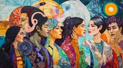 Fototapeta premium Colorful mural depicting diverse women in traditional attire with intricate patterns and vibrant backgrounds
